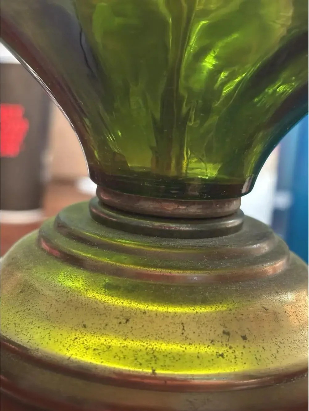 Vintage Style Brass and Green Glass Table Lamp with White Shade
